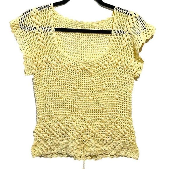 Y2K Tops - 𝅺handmade Hand Crafted Crochet Pale Yellow Hand Knitted Y2K Short Sleeve Top